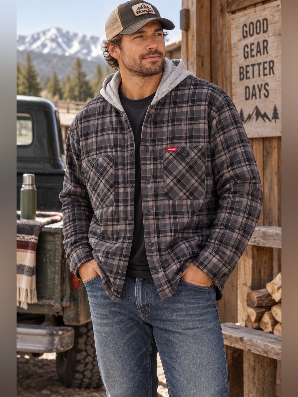 Wrangler Men’s XL Heavyweight Hooded Flannel Shirt Jacket Plaid Rugged Workwear